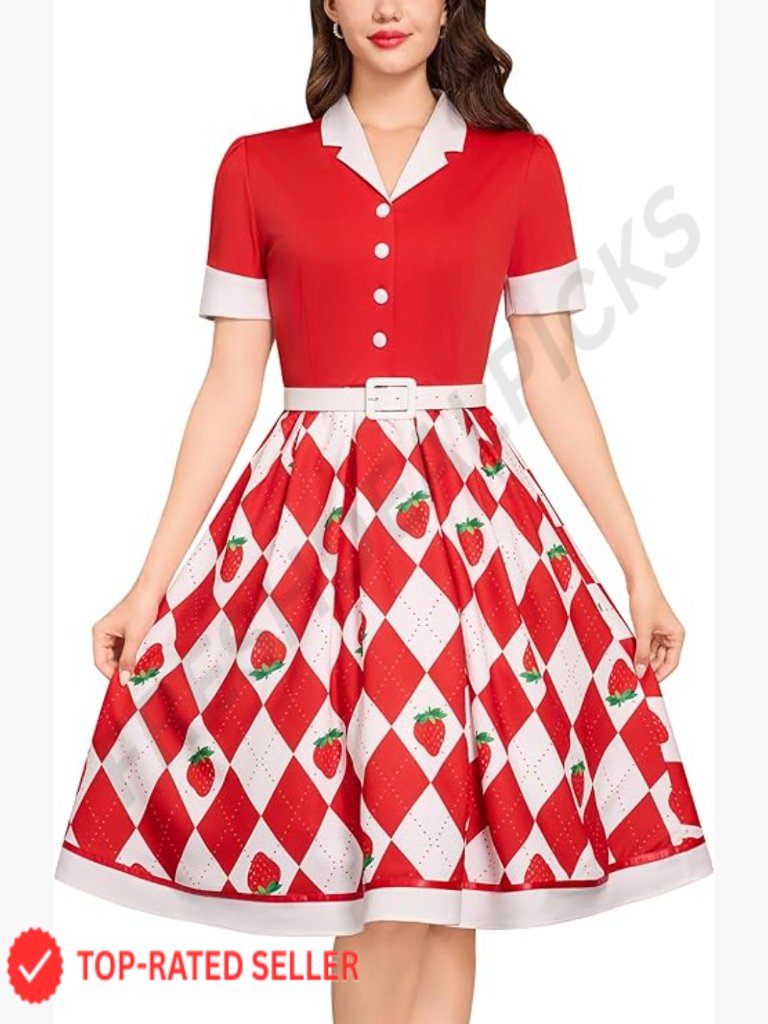 1950s Vintage Fruit Print Swing Dress Short Sleeve Fit And Flare With Belt